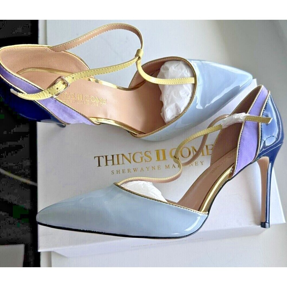 THINGS II COME Women's Heels Shoes Blue Multi color Patent Satin Pumps size 10